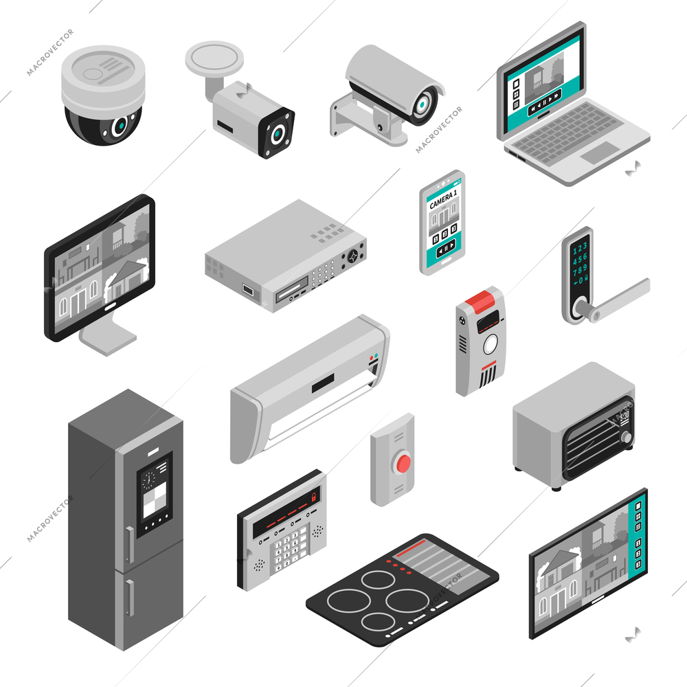 Isometric set of smart home kitchen and house appliances isolated on white background 3d vector illustration