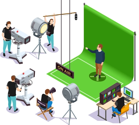 Operators shooting actor on green background and director giving instructions cinematograph isometric composition 3d vector illustration