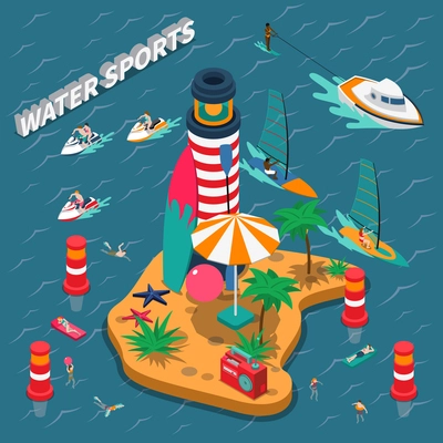 Colored water sports isometric people composition with equipped beach on a wild island with a lighthouse vector illustration