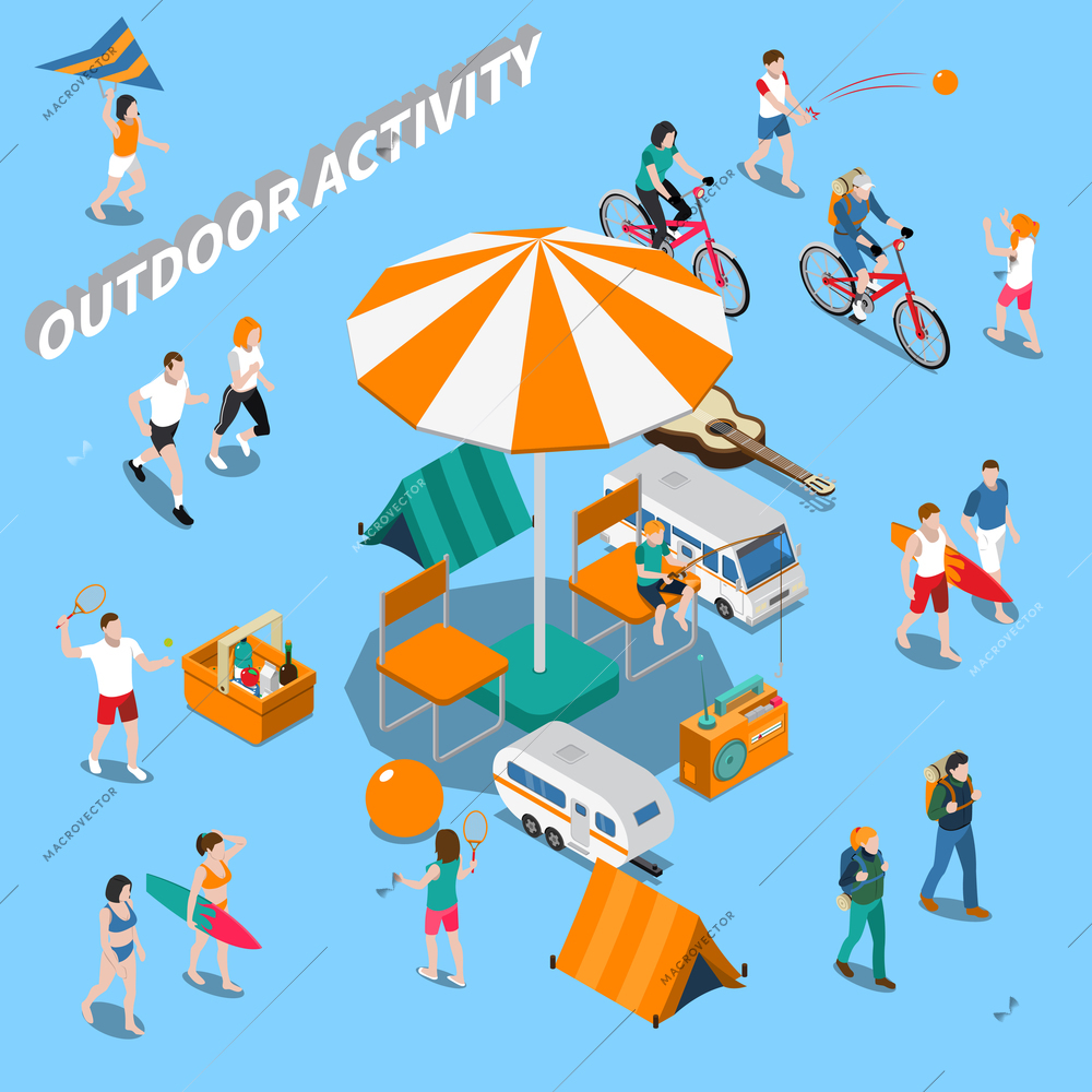 Colored summer outdoor activity people isometric composition with people on vacation or holiday vector illustration