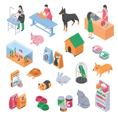 Colored and isolated isometric pet shop veterinary grooming icon set with people at the workplace vector illustration