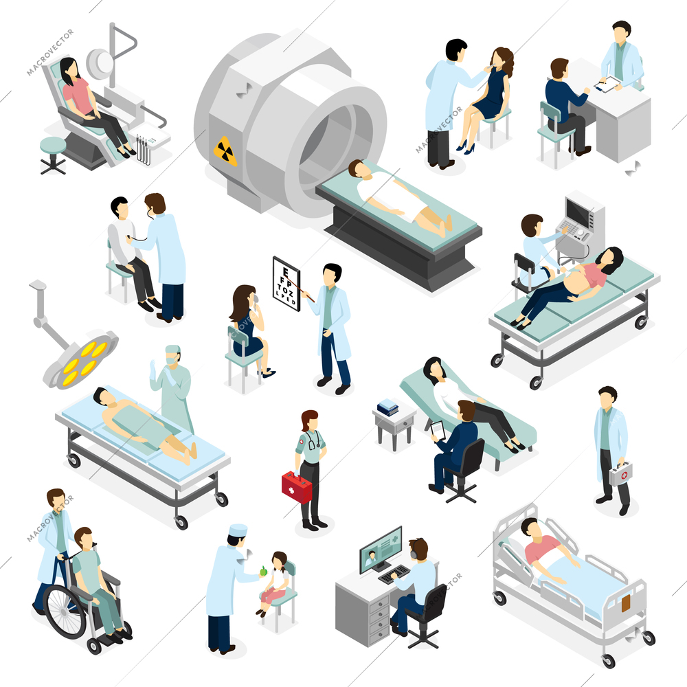 Doctors and patients in clinic isometric icons set with modern medical diagnostic and surgery equipment isolated vector illustration