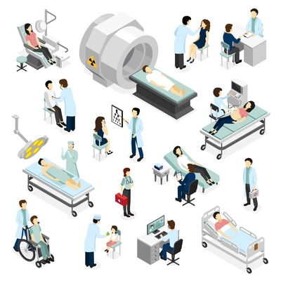 Doctors and patients in clinic isometric icons set with modern medical diagnostic and surgery equipment isolated vector illustration