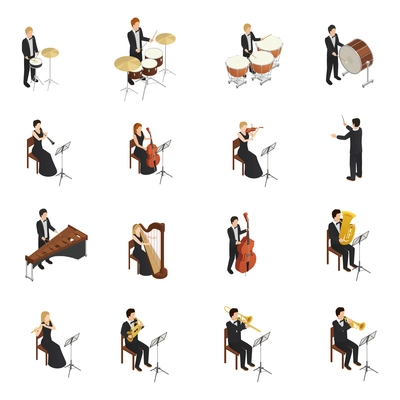 Isometric set of male and female people dressed in costumes and gowns playing various musical instruments in orchestra isolated on white background 3d vector illustration