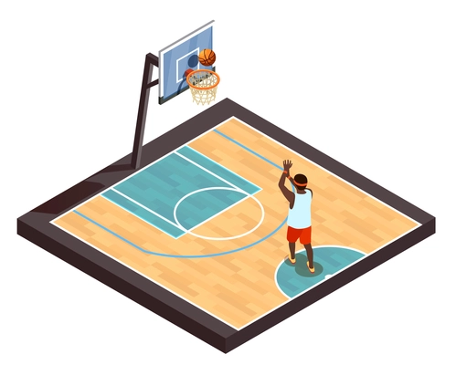 Basketball isometric betting online composition with training basketball court and one player with ball and hoop vector illustration