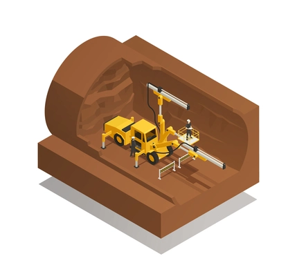 Preparation process for tunnel construction on white background isometric composition 3d vector illustration