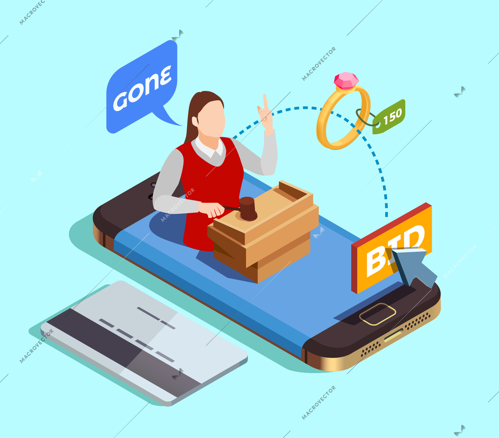 Auction isometric conceptual composition with smartphone and credit card images and faceless female character of auctioneer vector illustration