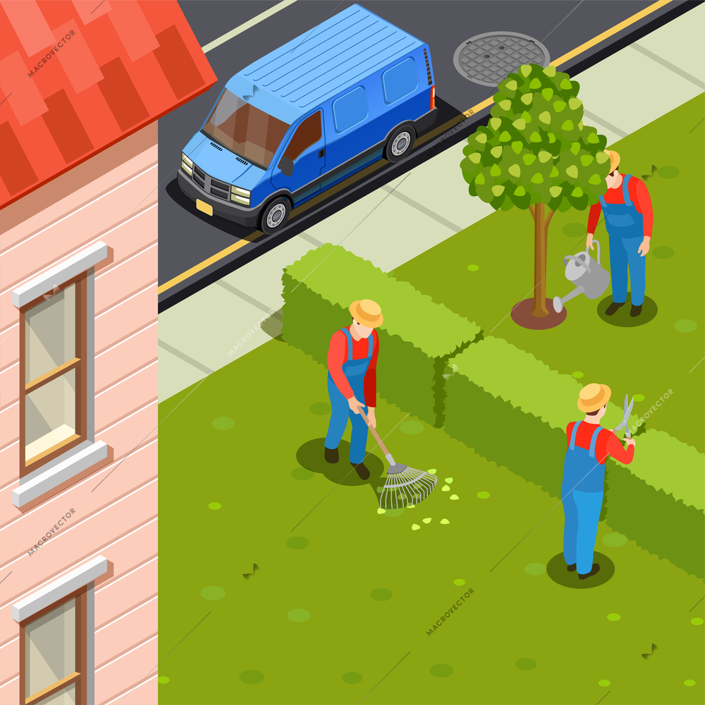 Gardener isometric composition with urban scenery and residential building with car and group of gardeners in uniform vector illustration