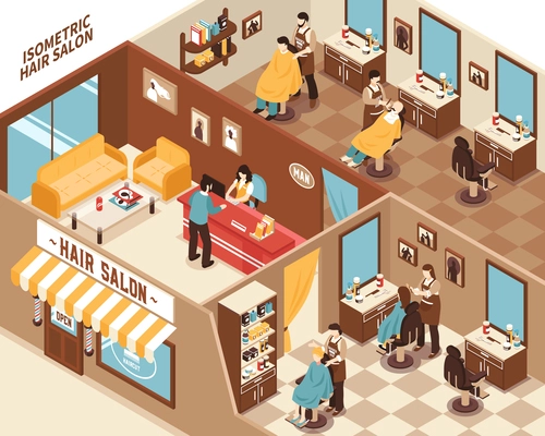 Barbershop hair salon interior and hairdressers and work 3d isometric vector illustration