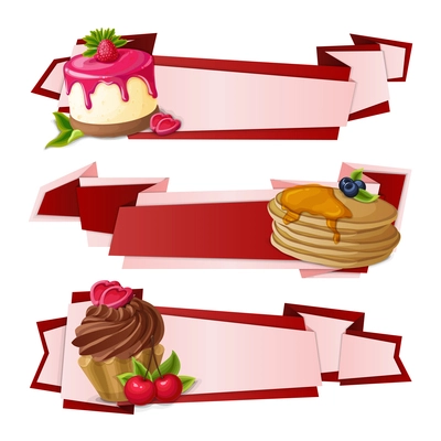 Decorative sweets food paper banners set with raspberry pudding pancakes cup cake dessert isolated vector illustration