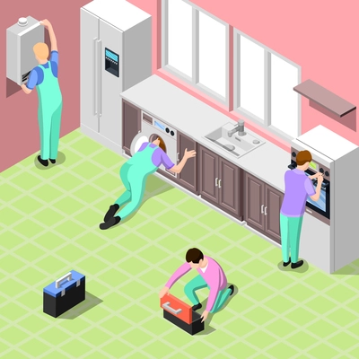 Service centre isometric background with employees in office or home interior performing installation and adjusting of household appliances isometric vector illustration
