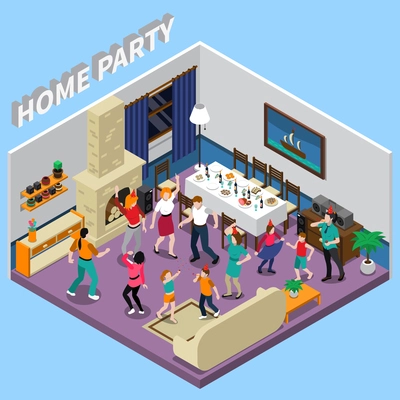 Home party isometric composition with people, festive table, music equipment, interior elements on blue background vector illustration