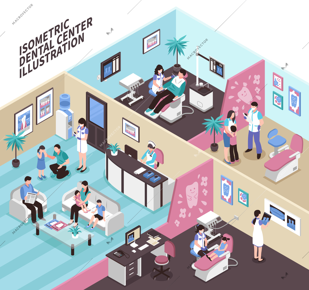 Dental center isometric vector illustration  with adult and kid patients and stomatology equipment in clinic interiors