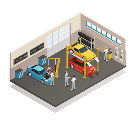 Car repair maintenance autoservice center garage  isometric view interior with mechanics testing lifted vehicles vector illustration