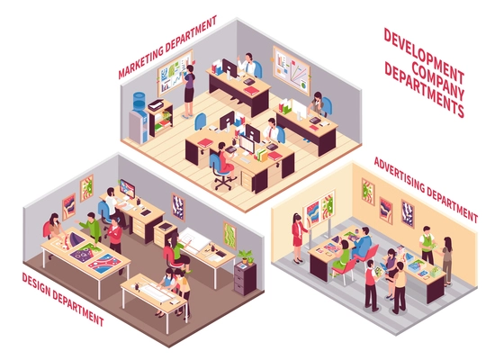 Set of isometric coworking spaces of development company with employees working  in design marketing and advertising departments vector illustration