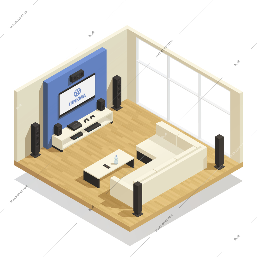 Living room interior with modern home theater system big window and comfortable sofa isometric 3d vector illustration