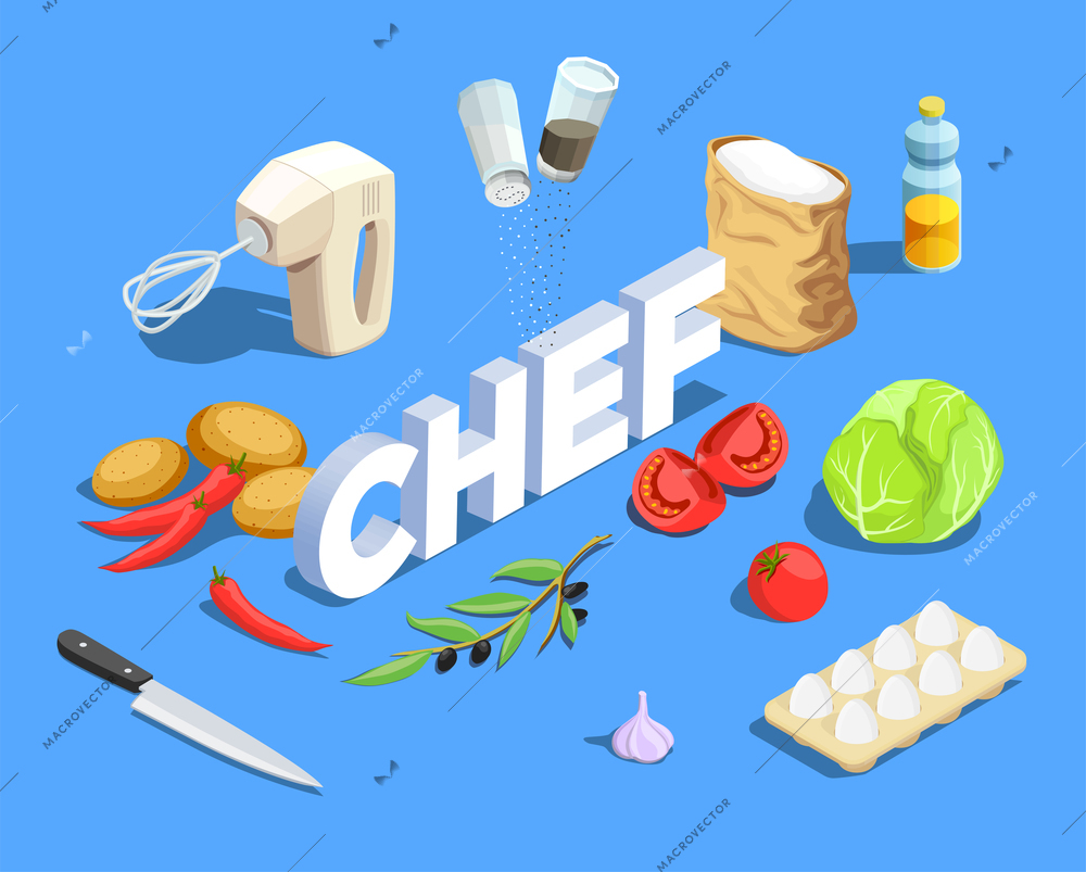 Professional cooking people chef pizzaiolo isometric people composition with cumbersome text and pieces of ripe vegetables vector illustration