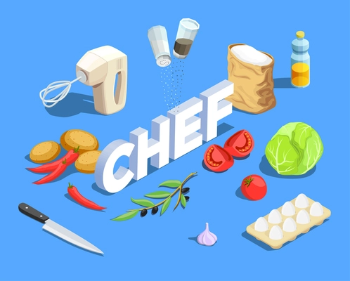 Professional cooking people chef pizzaiolo isometric people composition with cumbersome text and pieces of ripe vegetables vector illustration