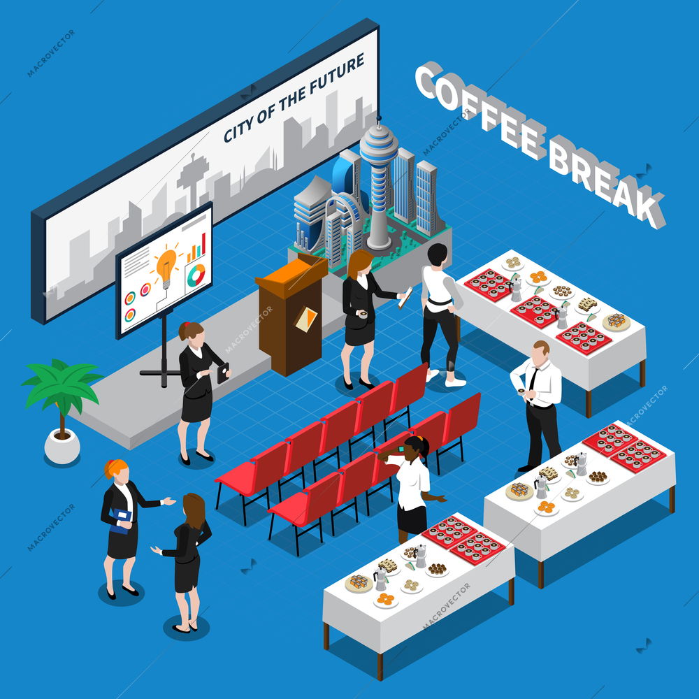 Coffee break isometric composition including business people in auditorium with drinks and snacks on tables vector illustration