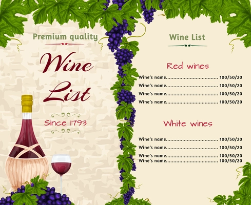 Vintage restaurant premium quality wine list card menu template with bottle and glass vector illustration