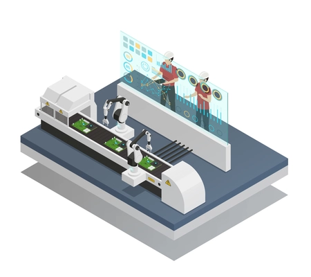 Isometric composition with two men in augmented reality glasses looking at robots near assembly line 3d vector illustration