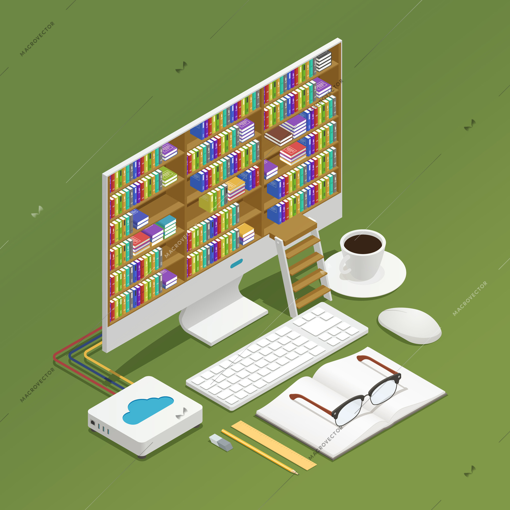 E-learning isometric composition with electronic library on computer monitor textbook and glasses on green background 3d isometric vector illustration