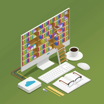 E-learning isometric composition with electronic library on computer monitor textbook and glasses on green background 3d isometric vector illustration