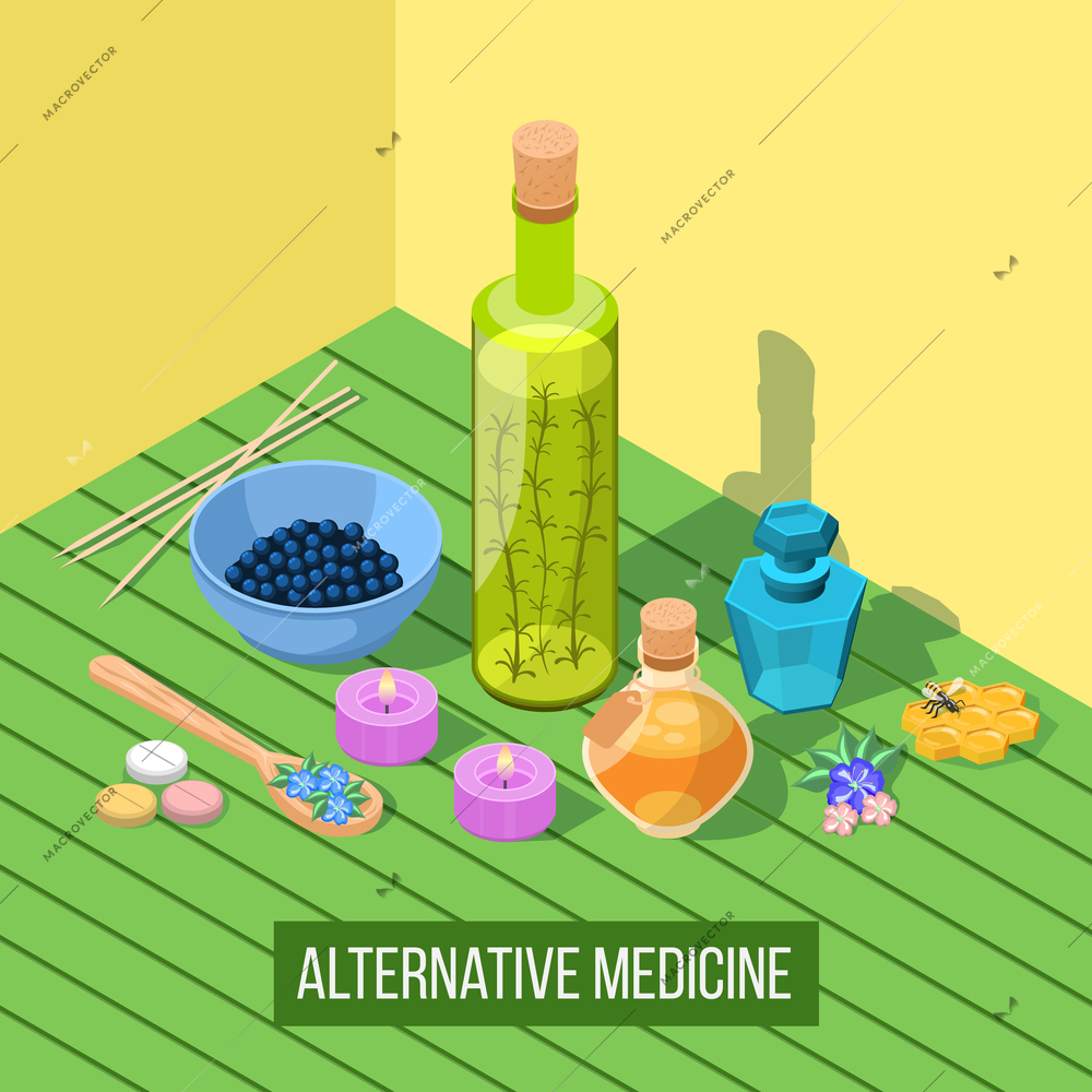 Alternative medicine isometric composition with elements of homeopathy apitherapy acupuncture phytotherapy aromatherapy  healing vector illustration