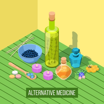 Alternative medicine isometric composition with elements of homeopathy apitherapy acupuncture phytotherapy aromatherapy  healing vector illustration