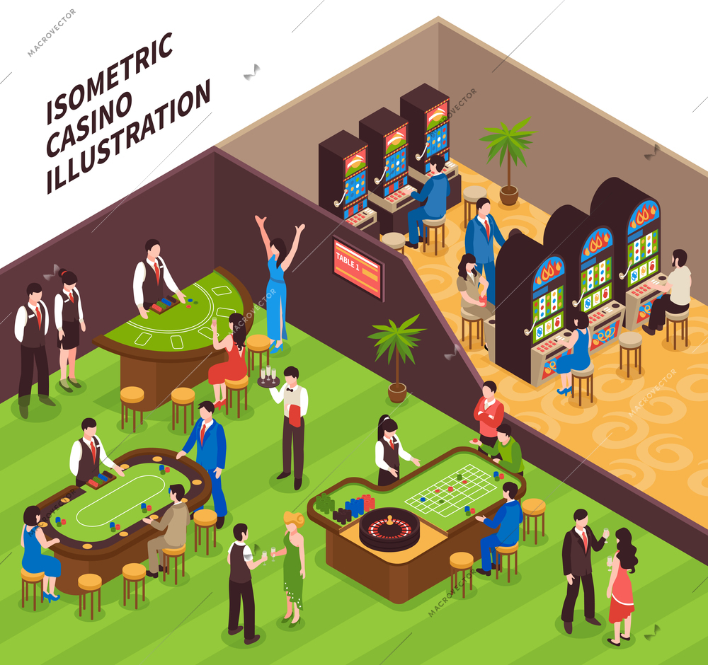 Casino isometric vector illustration with game halls equipment and people coming to play gambling games