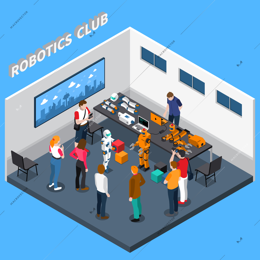 Robotics club isometric composition including machines with artificial intelligence, computer equipment, visitors on blue background vector illustration