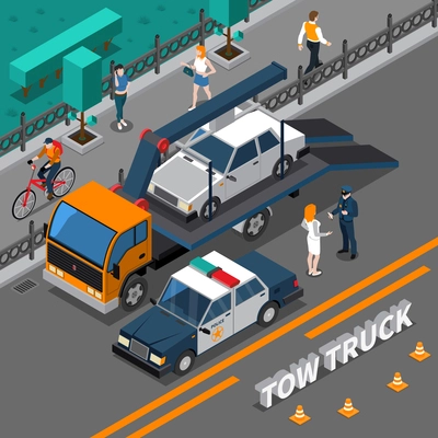 Isometric composition with tow truck carrying illegally parked car, policeman talking with woman vector illustration