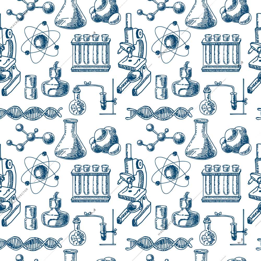 Decorative scientific chemical  laboratory equipment glass tubes structure dna symbols doodle sketch design seamless pattern vector illustration