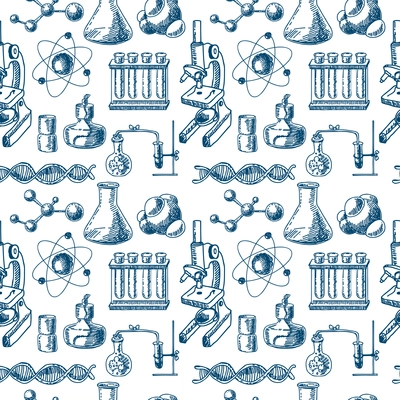 Decorative scientific chemical  laboratory equipment glass tubes structure dna symbols doodle sketch design seamless pattern vector illustration