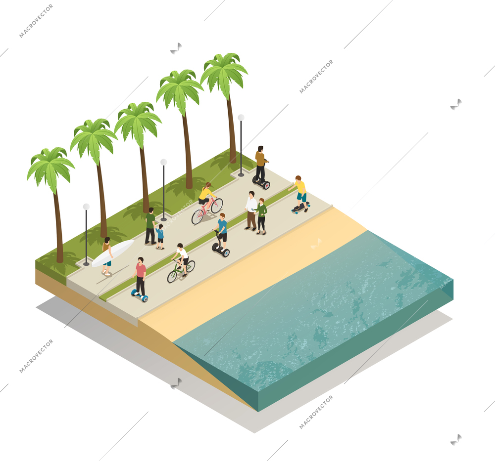 Eco transport on south beach design concept with people moving along waterfront by skateboard segway and bicycle isometric vector illustration