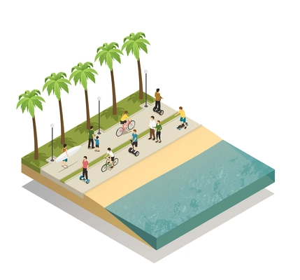 Eco transport on south beach design concept with people moving along waterfront by skateboard segway and bicycle isometric vector illustration