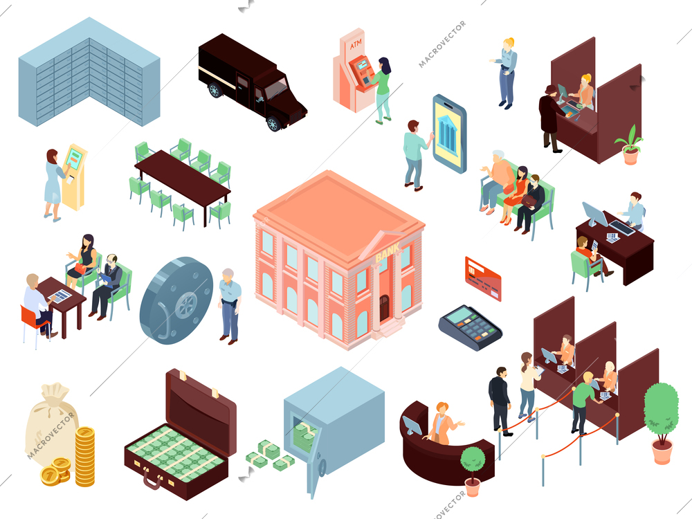 Set of isometric bank elements with staff and clients in office, online service, building isolated vector illustration