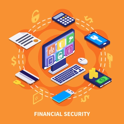 Internet banking financial security isometric concept on orange background 3d vector illustration