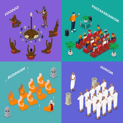 Isometric concept with people from religion buddhism, jainism, rastafarianism, voodoo during ritual or sermon isolated vector illustration