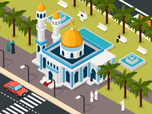 Arab muslims near mosque isometric composition with roadway and park with saudi people on benches vector illustration