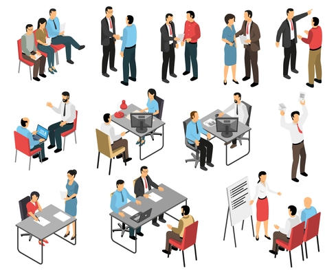 Isometric job interview recruiting agency set of human characters in different job talk situations with furniture vector illustration