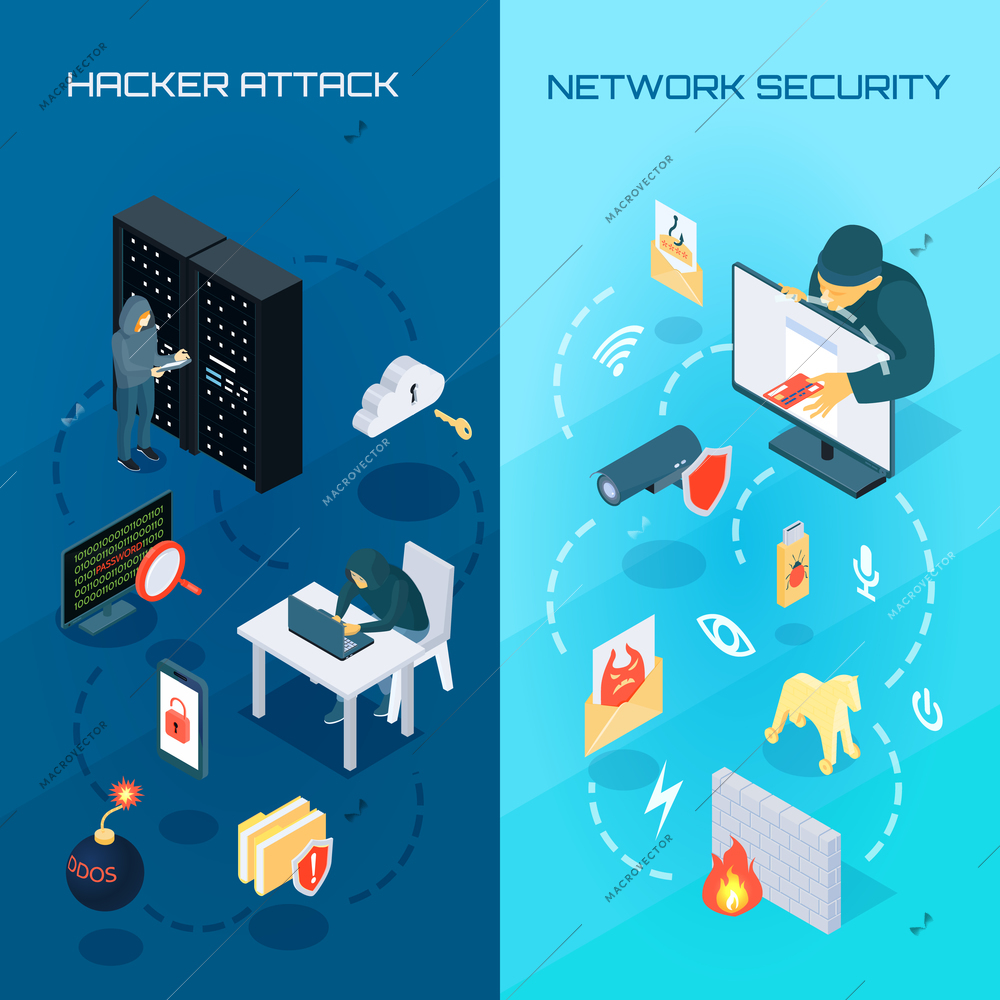 Set of vertical isometric banners with hacker attack and network security on blue background isolated vector illustration