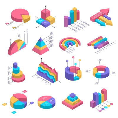 Set of isolated isometric diagrams for infographics with geometrical bodies of different shape with colourful segments vector illustration