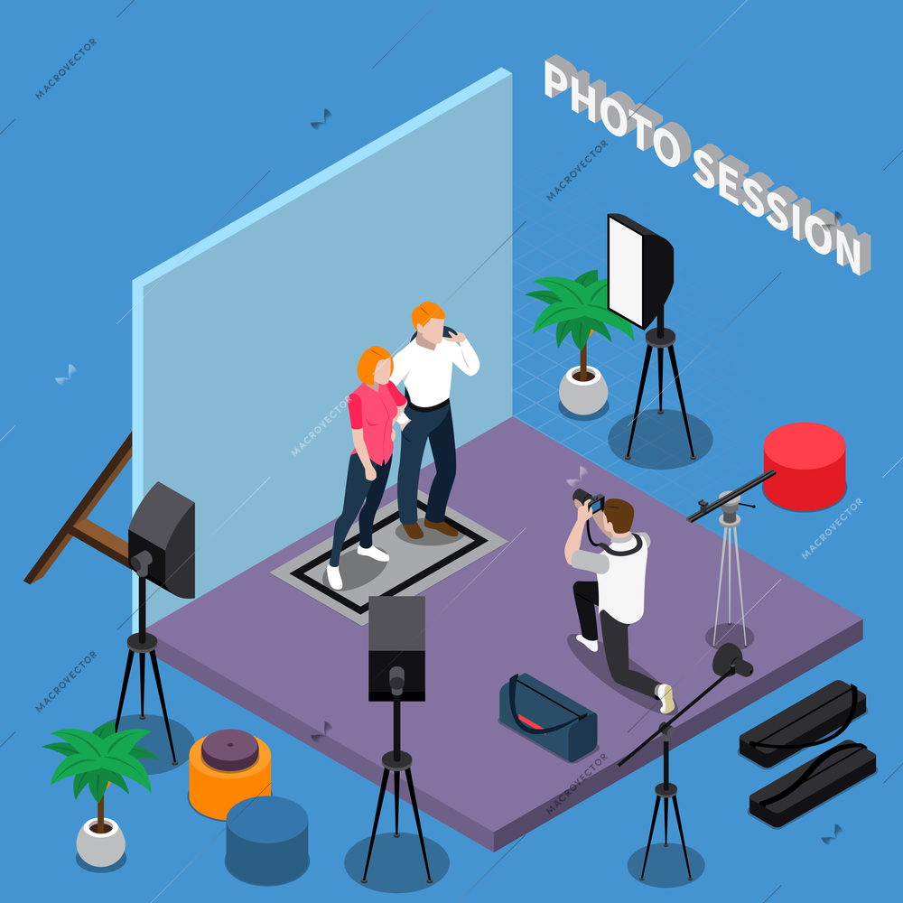 Photo session isometric composition with posing models, photographer during shooting, professional equipment on blue background vector illustration