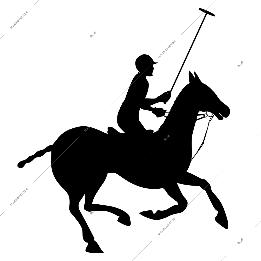 Horse sport polo club player in helmet on horseback black silhouette poster emblem vector illustration