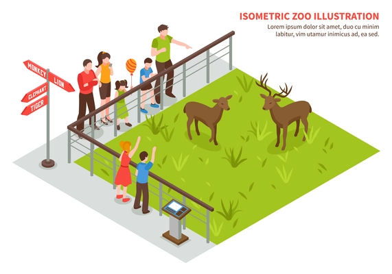 Isometric zoo composition with editable text and images of deers on lawn adult visitors and children vector illustration