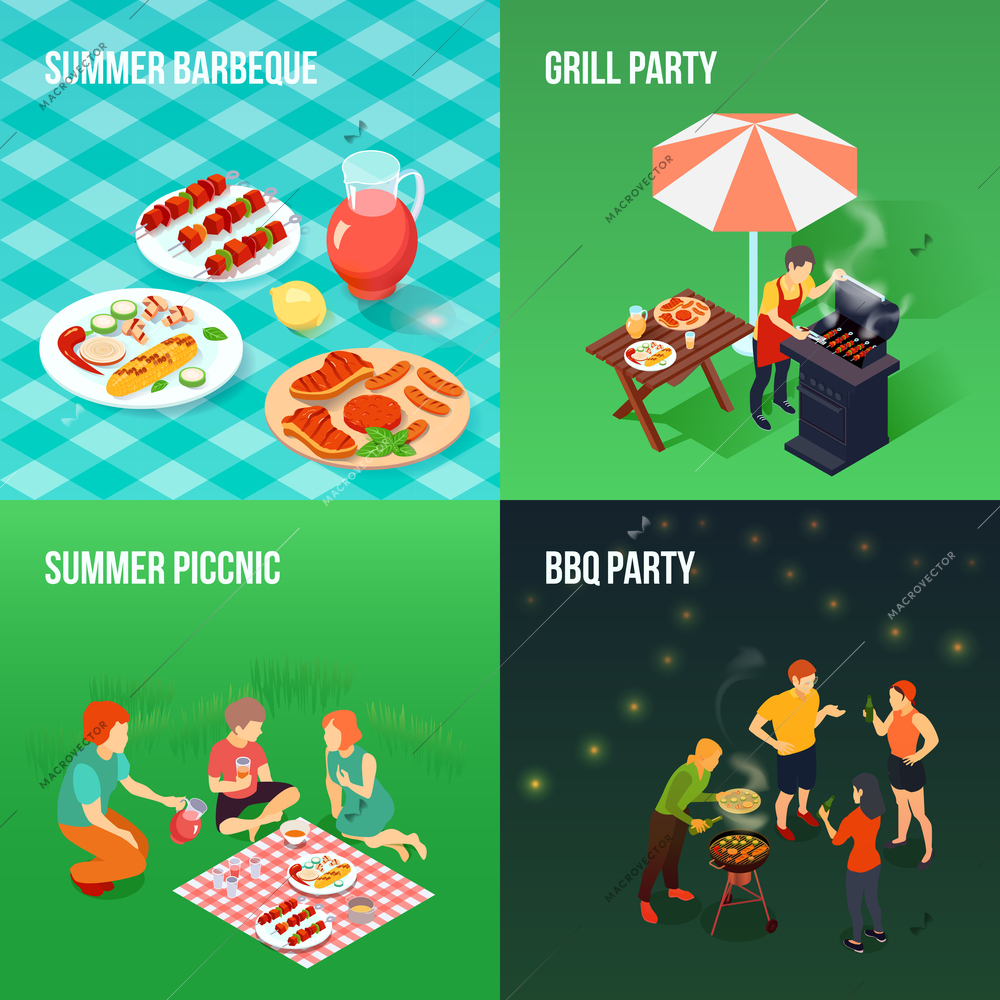 Family picnic isometric concept with eating on grass, bbq party, chef and grill equipment isolated vector illustration