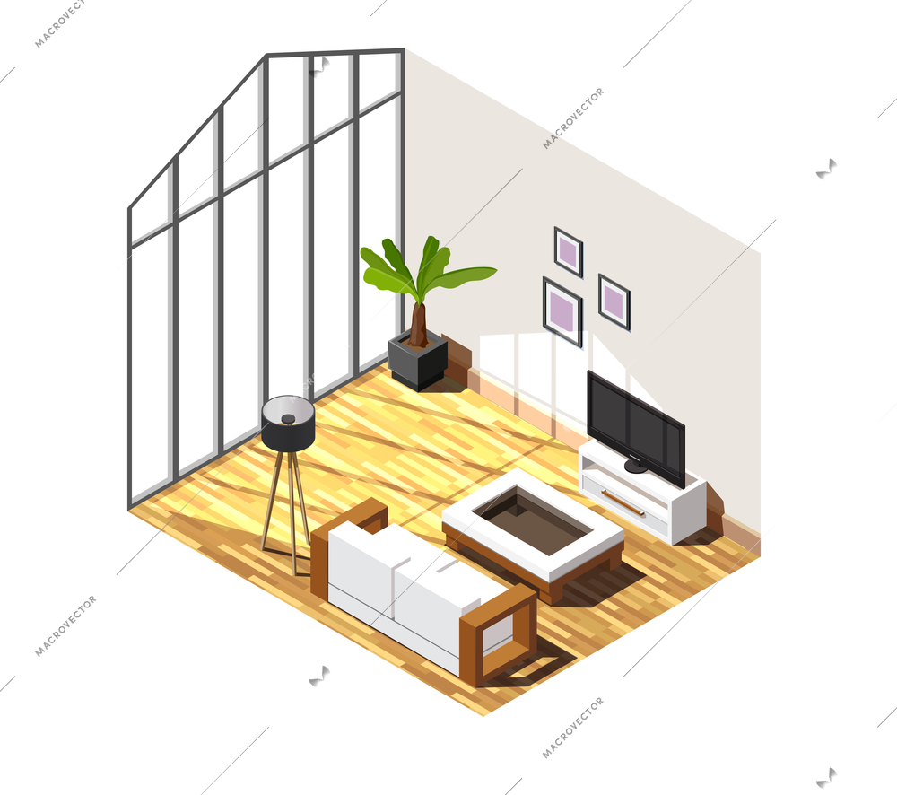 Living room interior with large window, white furniture on parquet, pictures on wall isometric composition vector illustration