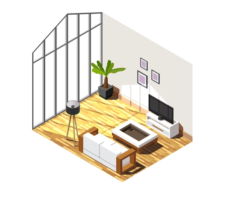 Living room interior with large window, white furniture on parquet, pictures on wall isometric composition vector illustration