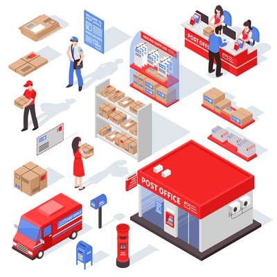 Post service isometric set with postman  recipient forwarding agent figurines racks with parcels and correspondence isolated vector illustration